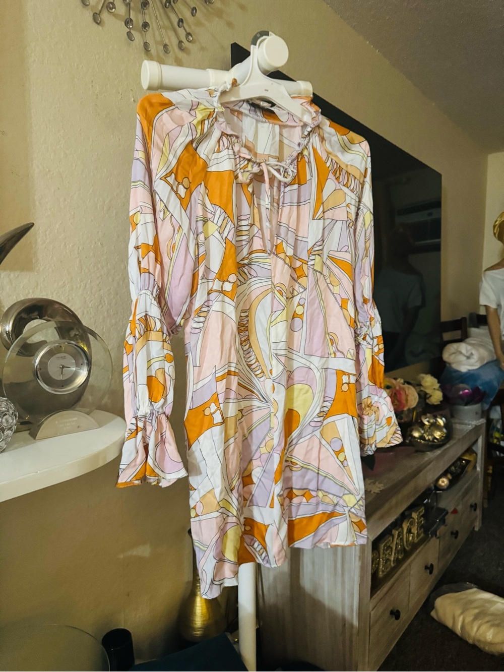 Vici Abstract Print Mini Dress in Orange and Pink